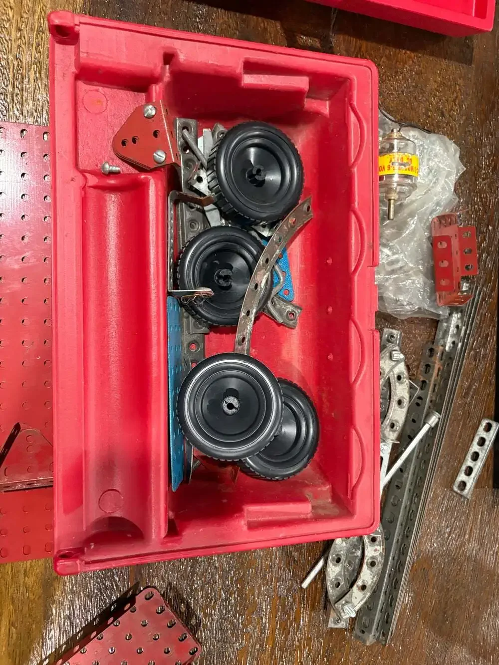 vintage 60's Erector Set Motor case Wheels Pieces and parts